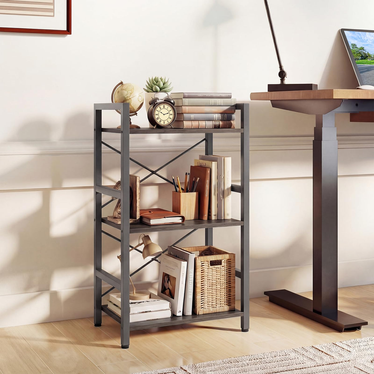 CASART 3-Tier Bookcase Grey Oak, 42 x 28 x 71cm