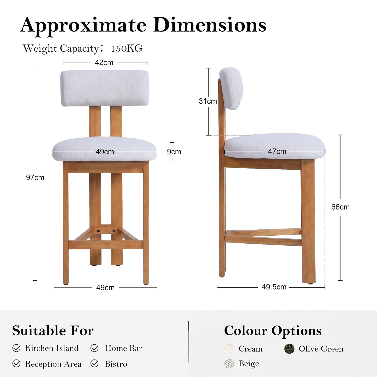 younturn Retro Mid Century Bar Stools Set of 2, Comfort Padded Linen Upholstered Seats Breakfast Barstools with Backrest