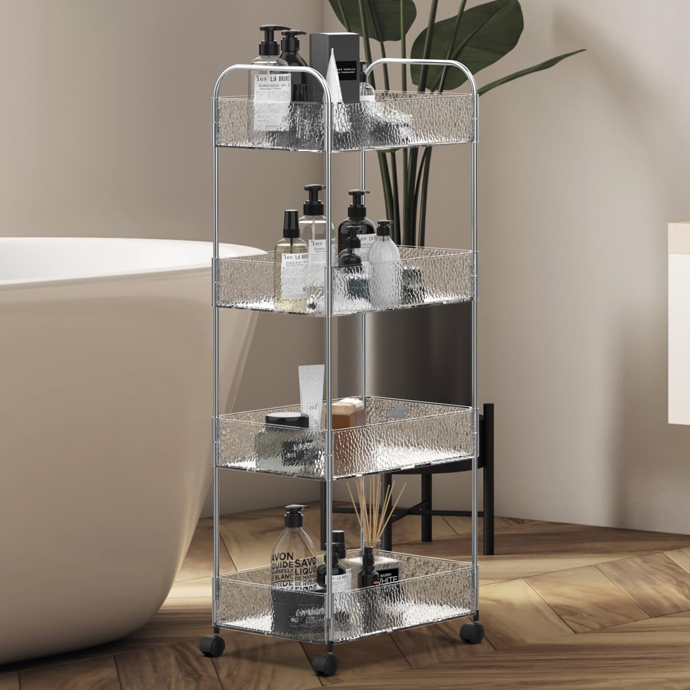 CraftGenes 4-Tier Slim Storage Trolley on Wheels with Lock, 36x27x95cm, Transparent Bathroom Trolley with Stainless Steel Frame & U-Handle