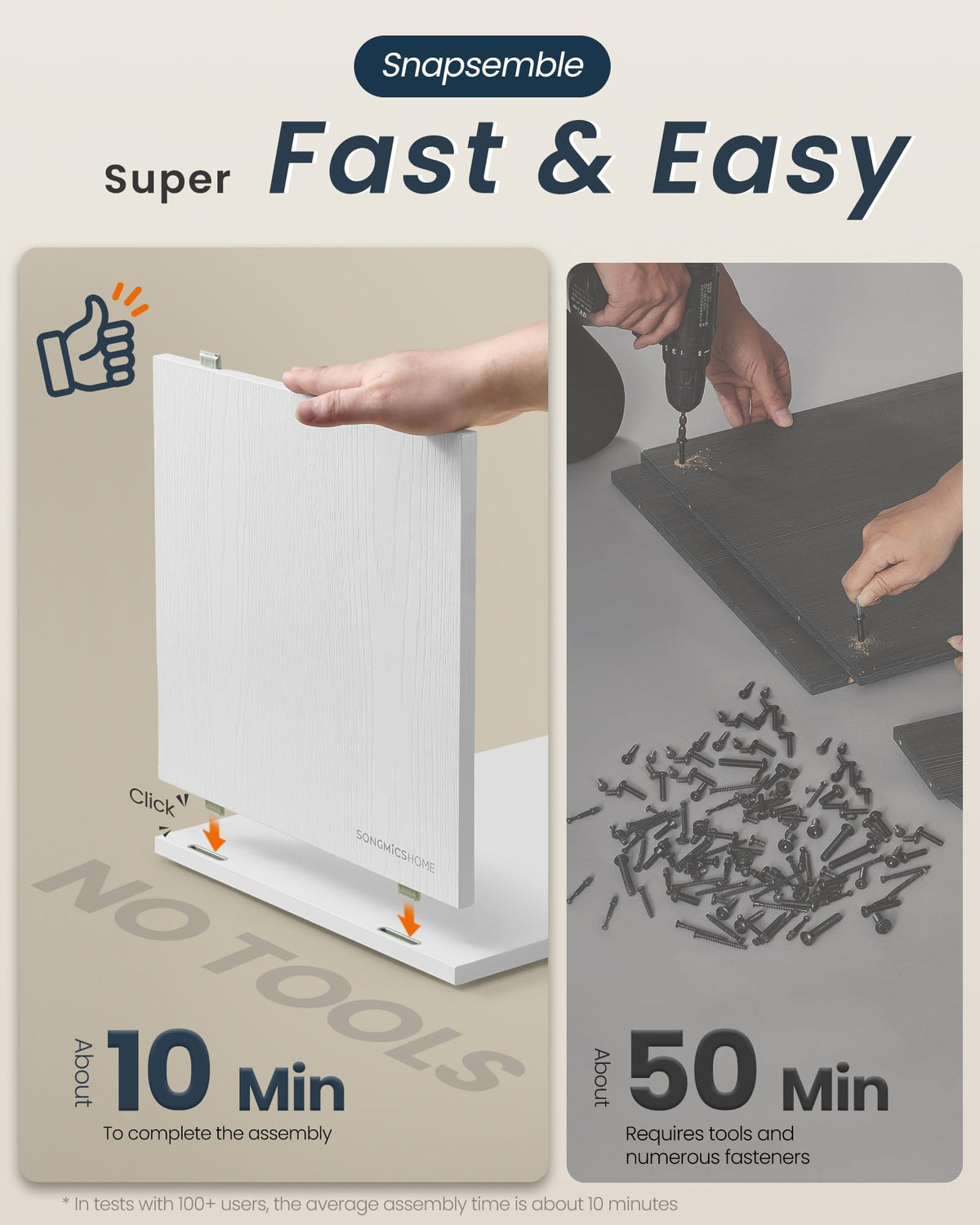 SONGMICS HOME Slim Bedside Table, Snapsemble Superfast Assembly