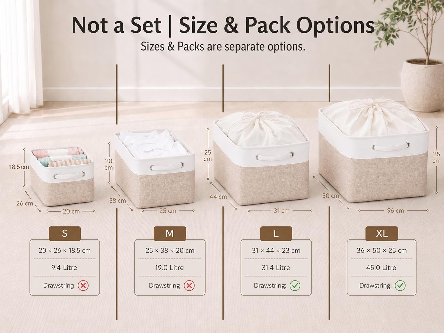 Mangata Fabric Storage Basket with Handles, Light Khaki White S