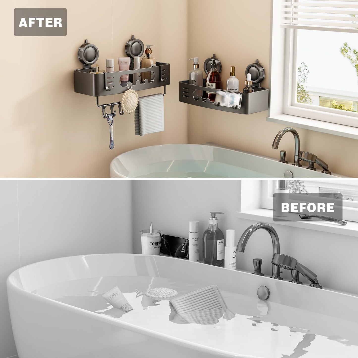 Voldra Shower Caddy Suction Cup, Adhesive Bathroom Shelves Shower Storage Wall Mounted Aluminum Bathroom Caddy Stick on Shower Organiser Rack With 4