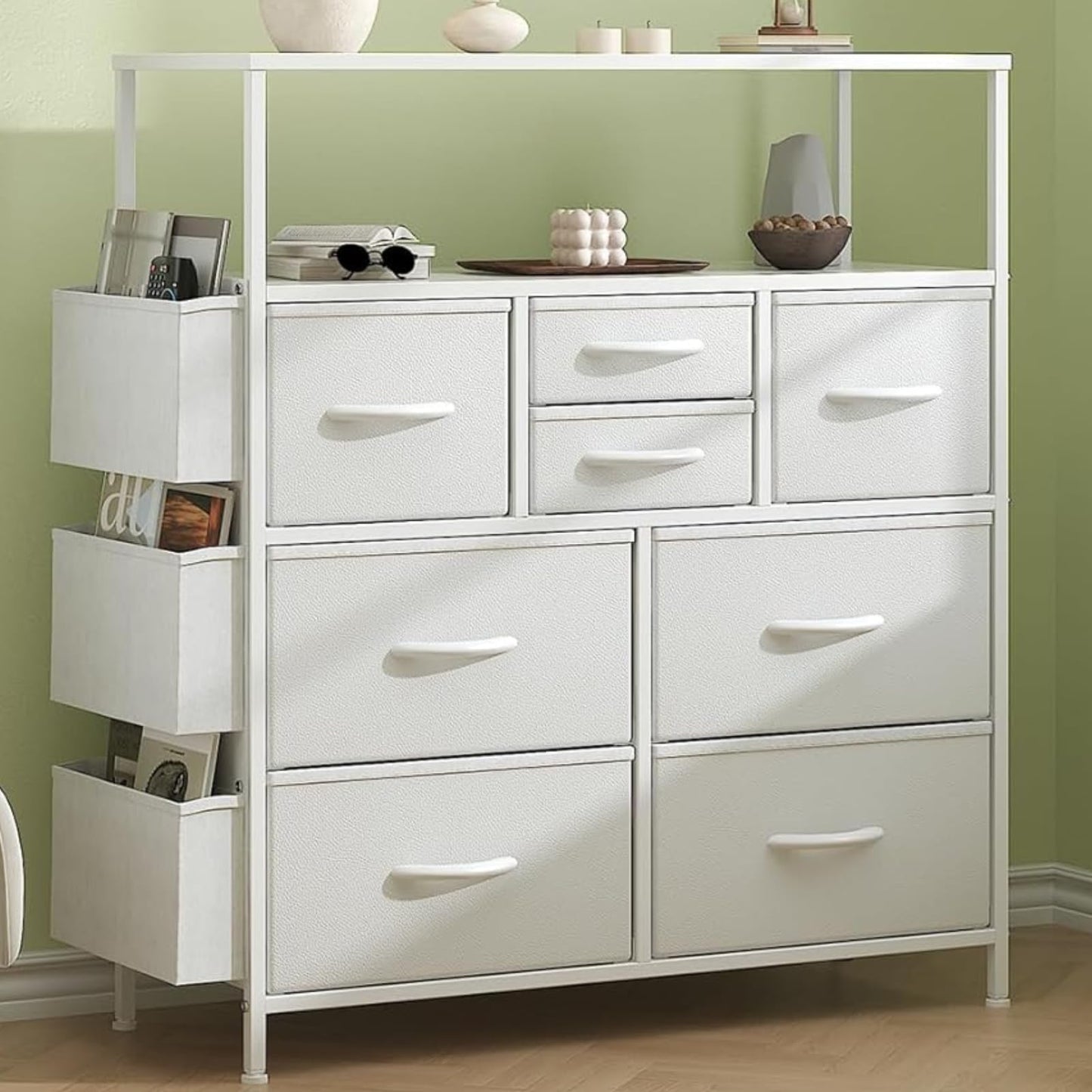 Feonase Chest of Drawers Bedroom, 8 Drawer Fabric Dresser with Wood Top, Open Storage Shelf, 3 Side Pockets & Metal Frame