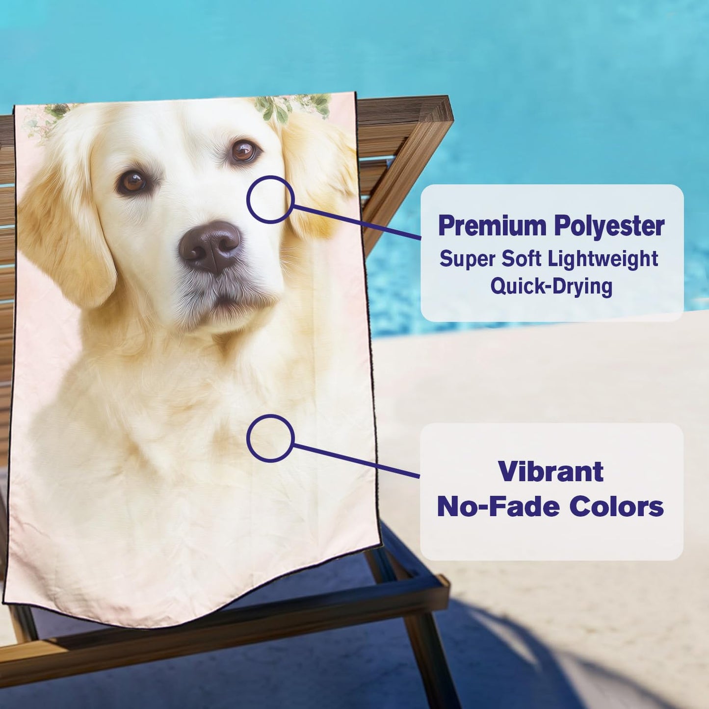 Violetpos Floral Wreath Golden Retriever Beach Towel for Dog Lovers, Extra Large 180x90 cm 250GSM Microfibre, Sand Free Quick Dry