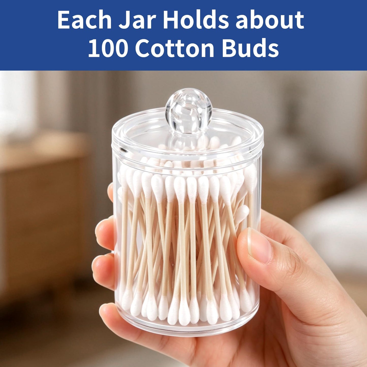 Annhua 4 Pcs Cotton Bud Holder 10 Oz Cotton Pad Holder with Lids, Plastic Bathroom Jars for Facial Pads, Swabs, Dental Picks, Hair Bands
