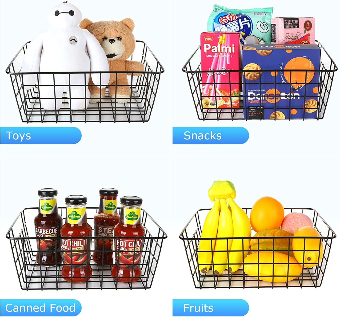 YOUNTHYE 6Pack Wire Storage Baskets, 28x22x11CM Pantry Organizers and Storage Black Wire Basket with Handle, Freezer Storage Organiser for Shelf