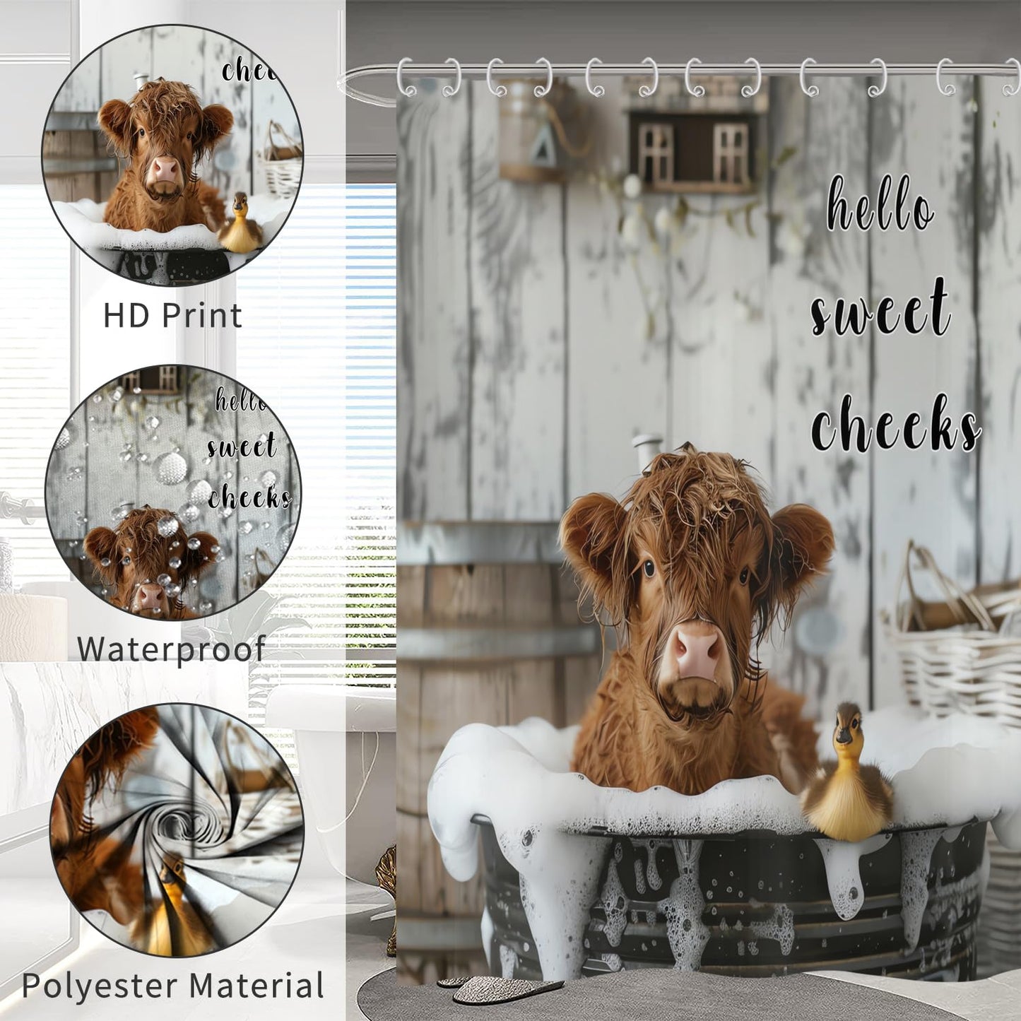 Hnmdmyi Funny Highland Cow Shower Curtain 120x200, Farmhouse Western Animal Cattle Duck Bathing in Bubbly Bathtub Bathroom Curtains Waterproof