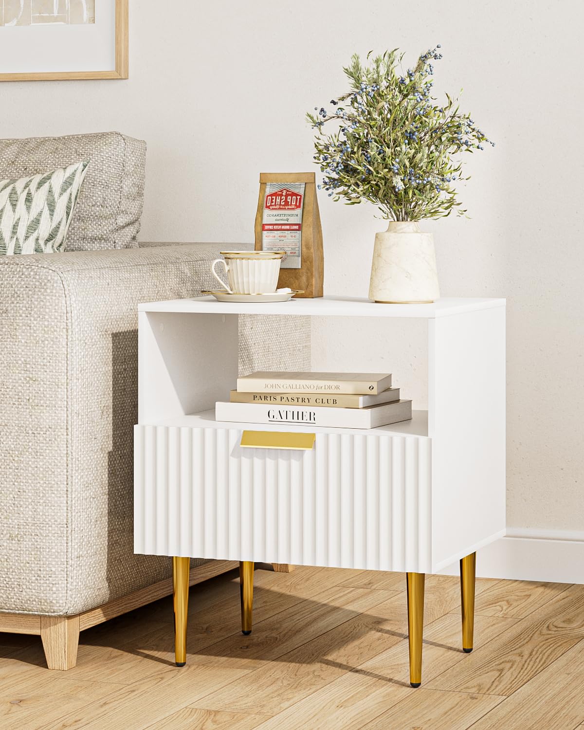 Apetaccat White Bedside Table, Nightstand with 1 Drawers with Gold Leg, Modern Bedside Table Bedroom Furniture for Living Room or Bedroom, White
