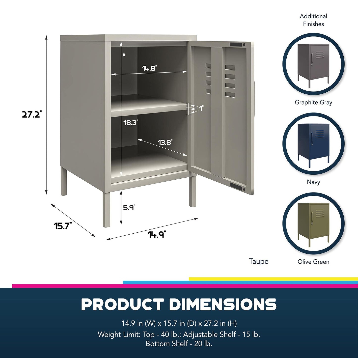 DHP Furniture Bradford Metal Locker End Table Navy, 39x37x68cm (DxWxH)