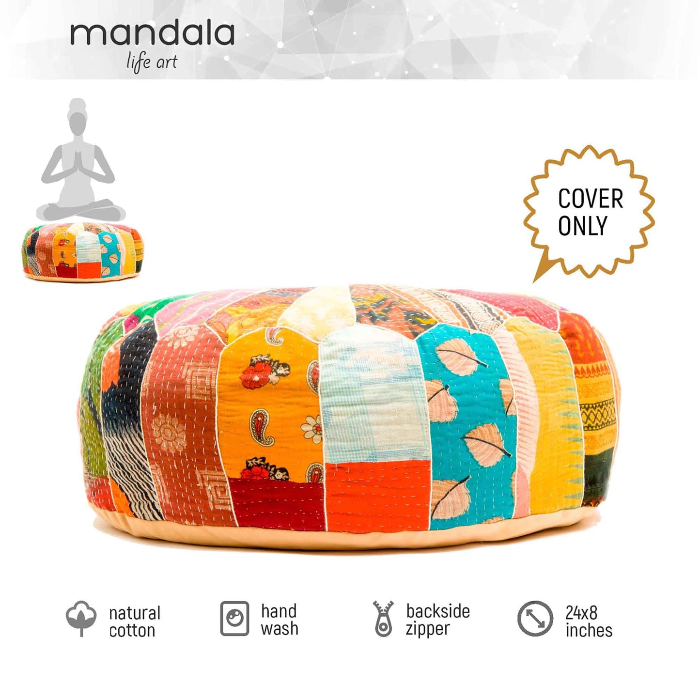 Mandala Life ART Green Round Velvet Pouf Cover - Soft Embroidered Ottoman Slipcover with Moroccan Design, 24 Inch Diameter, Ideal for Living Room