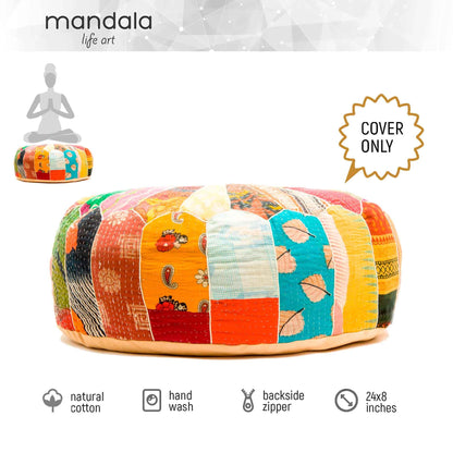 Mandala Life ART Green Round Velvet Pouf Cover - Soft Embroidered Ottoman Slipcover with Moroccan Design, 24 Inch Diameter, Ideal for Living Room