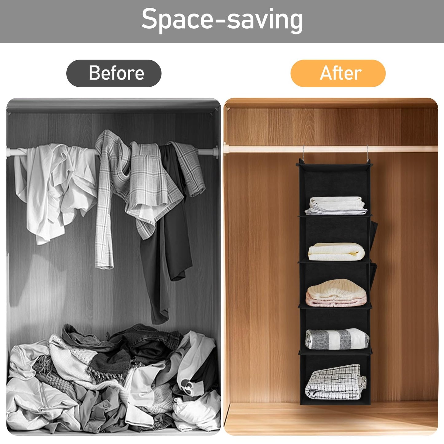 DPWEION Hanging Storage Shelves with 5 Shelves Foldable Hanging Wardrobe Closet Organiser Unit with 2 Side Pockets for Clothes Accessories for