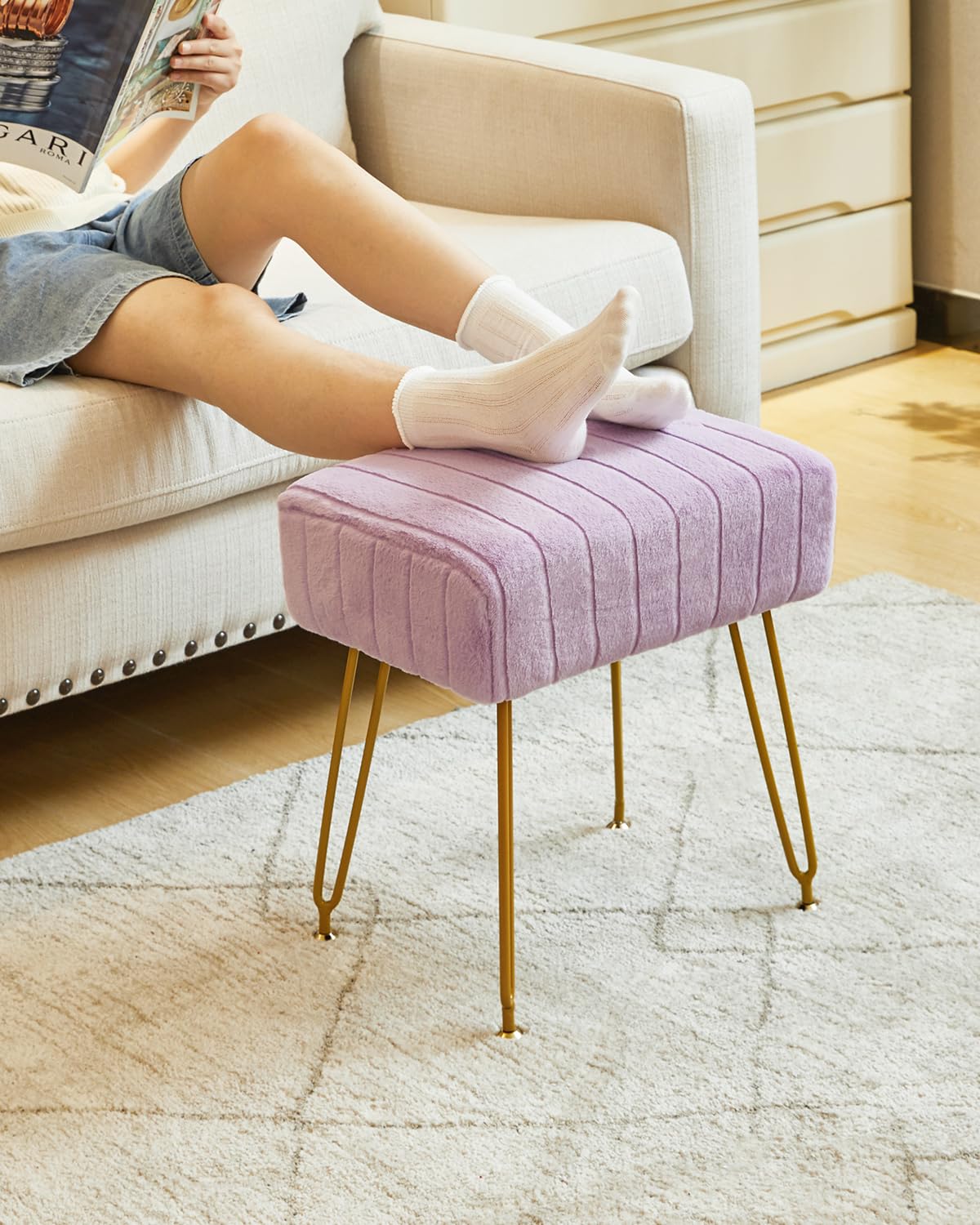 IBUYKE Makeup Vanity Stool, Velvet Rectangular Footrest, Purple L/G-51V