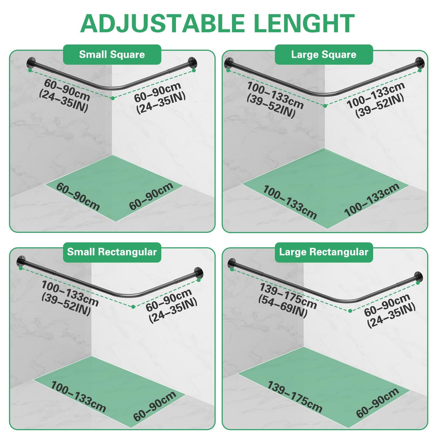 L Shaped Shower Curtain Rail, (60-133cm) x (60-133cm) Extendable Corner Shower Curtain Rail