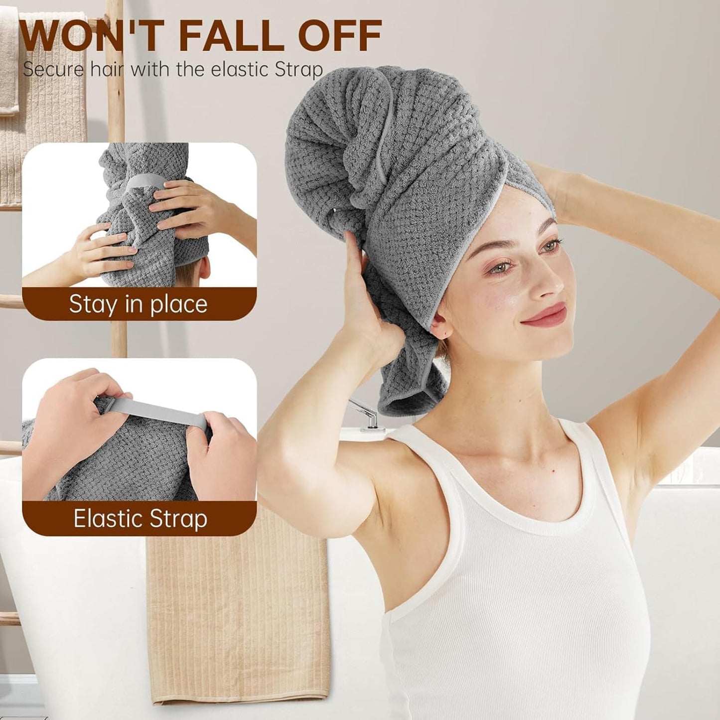 Eyeleaf Microfiber Hair Drying Towels,100 x 60cm,Quick Dry,Super Absorbent, for Long,Thick, Curly Hair 2pcs (Grey)