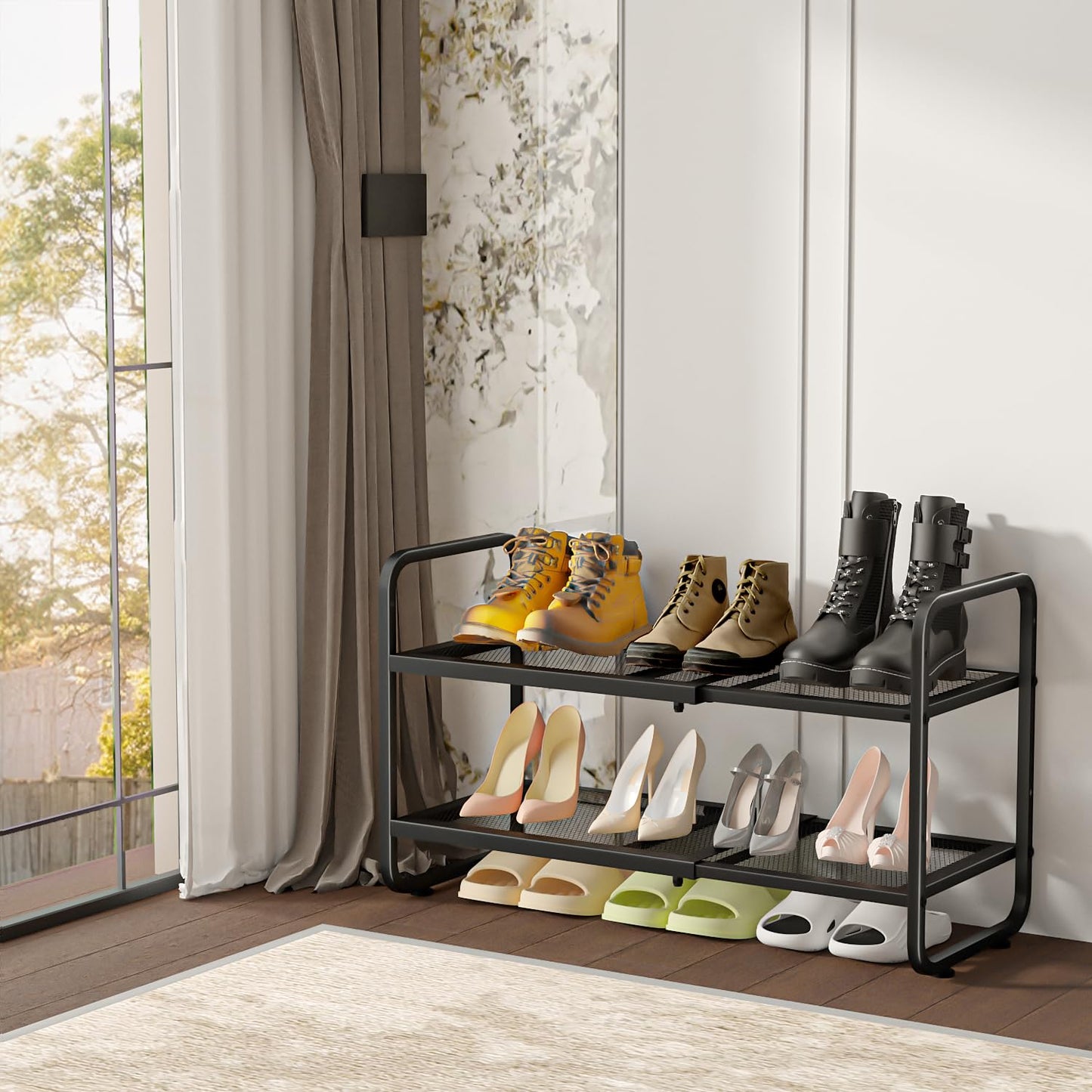 ULYVU Expandable Metal Shoe Rack 2 Tier, Height Adjustable & Stackable | Shoe Storage for Hallway, Garage, Wardrobe - Black