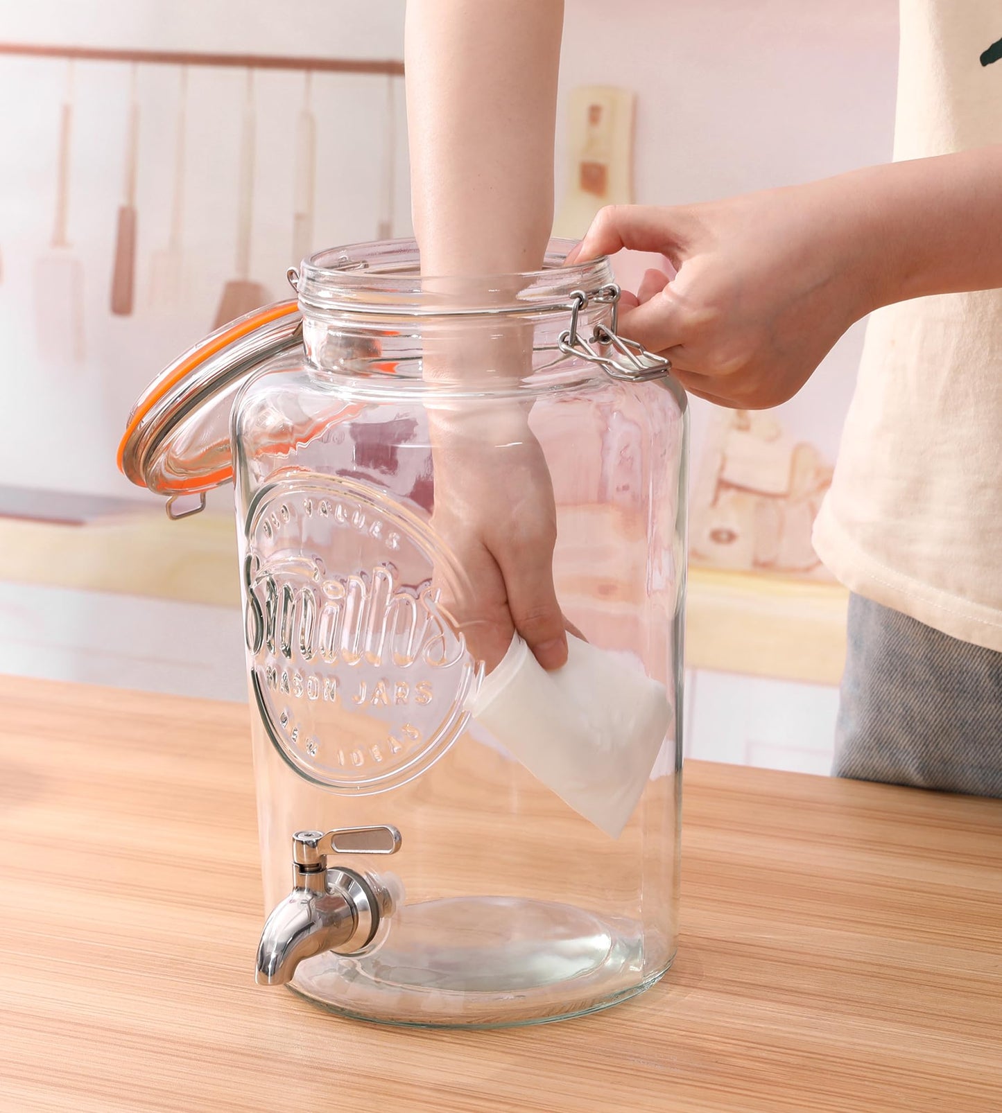 Smith's Mason Jars 5-Litre (169oz) Drink or Water Dispenser with Stainless Steel Spigot(Tap), Removable Mesh Filters and Wooden Stand - Ideal for