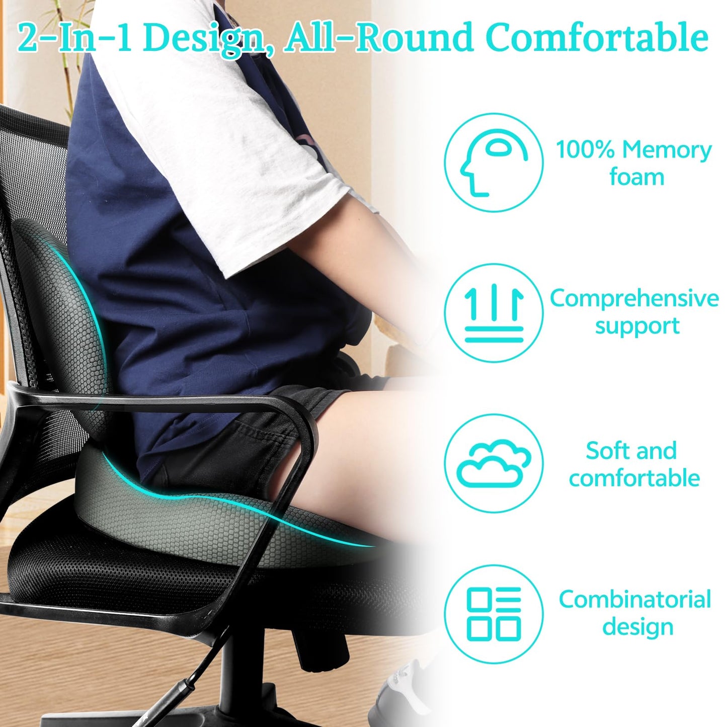 Suewidfay 2 in 1 Seat Cushion and Lumbar Support Cushion Set, Large Size Ergonomic Memory Foam Car Seat Cushion & Back Support Pillow