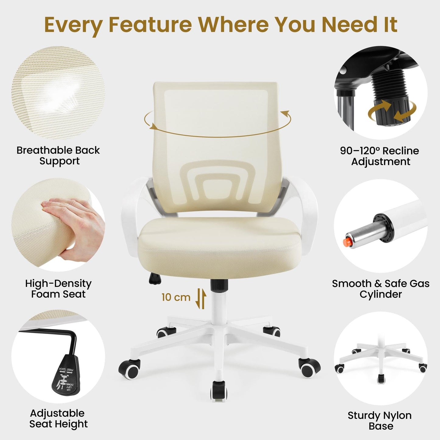 Yaheetech Ergonomic Chair Mesh Swivel Lumbar Support Adjustable Desk Beige
