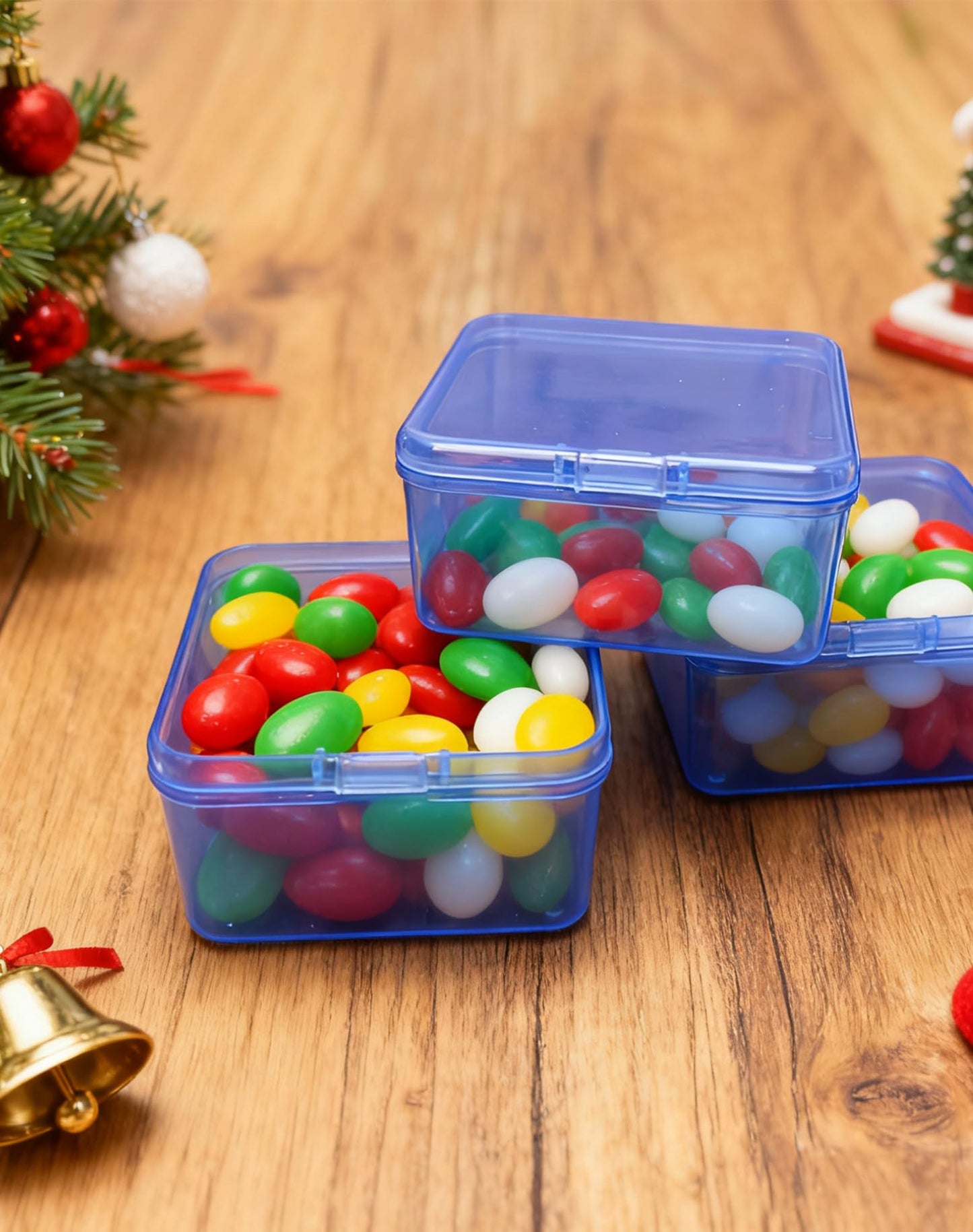 LJY 60 Pack Small Blue Plastic Boxes with Hinged Lid 6.5 x 6.5 x 3.5 cm