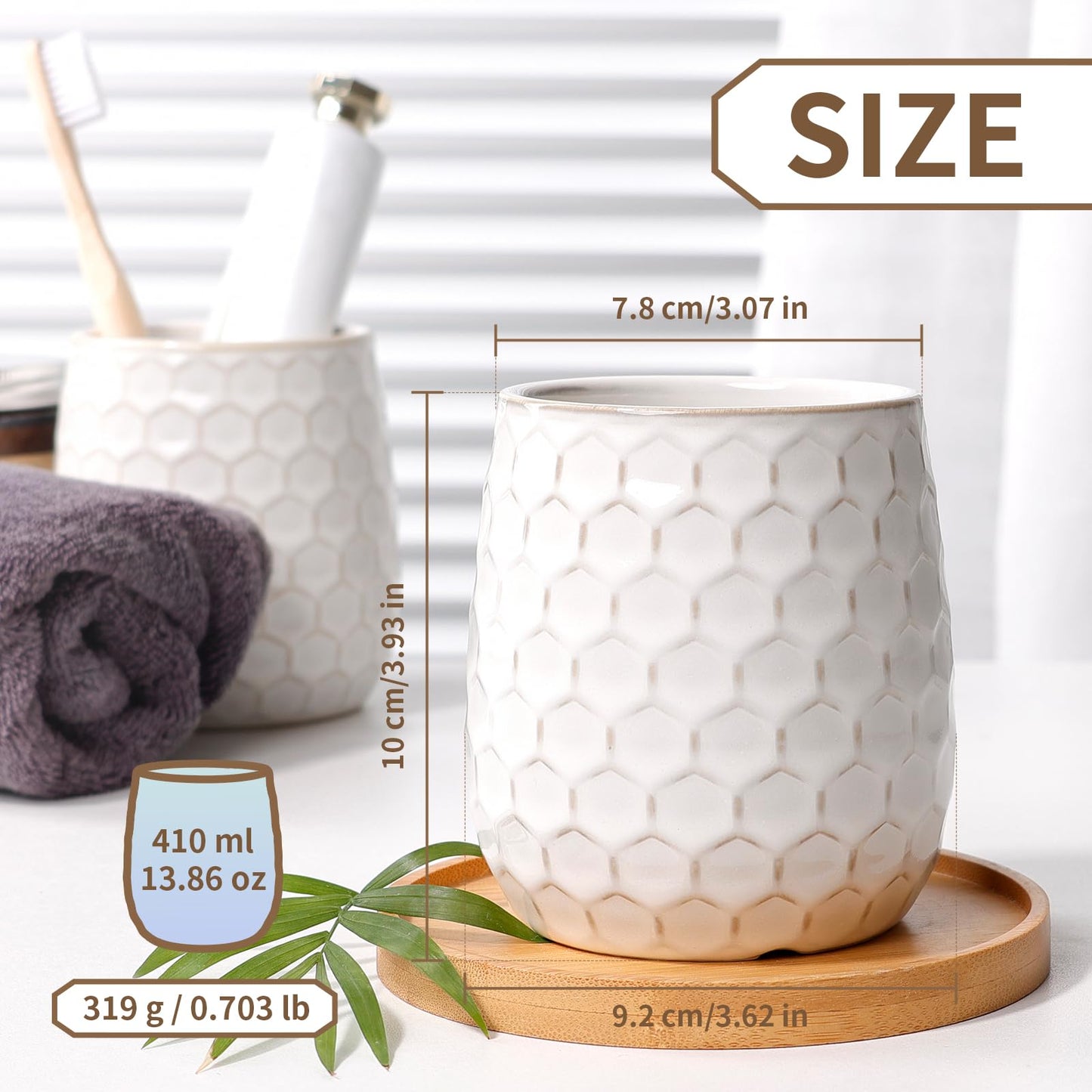 ANTIS'S HOME Ceramic Toothbrush Holder Cup, 400ml White Honeycomb Bathroom Tumbler – Modern Reusable Toothbrush Cup for Toothpaste