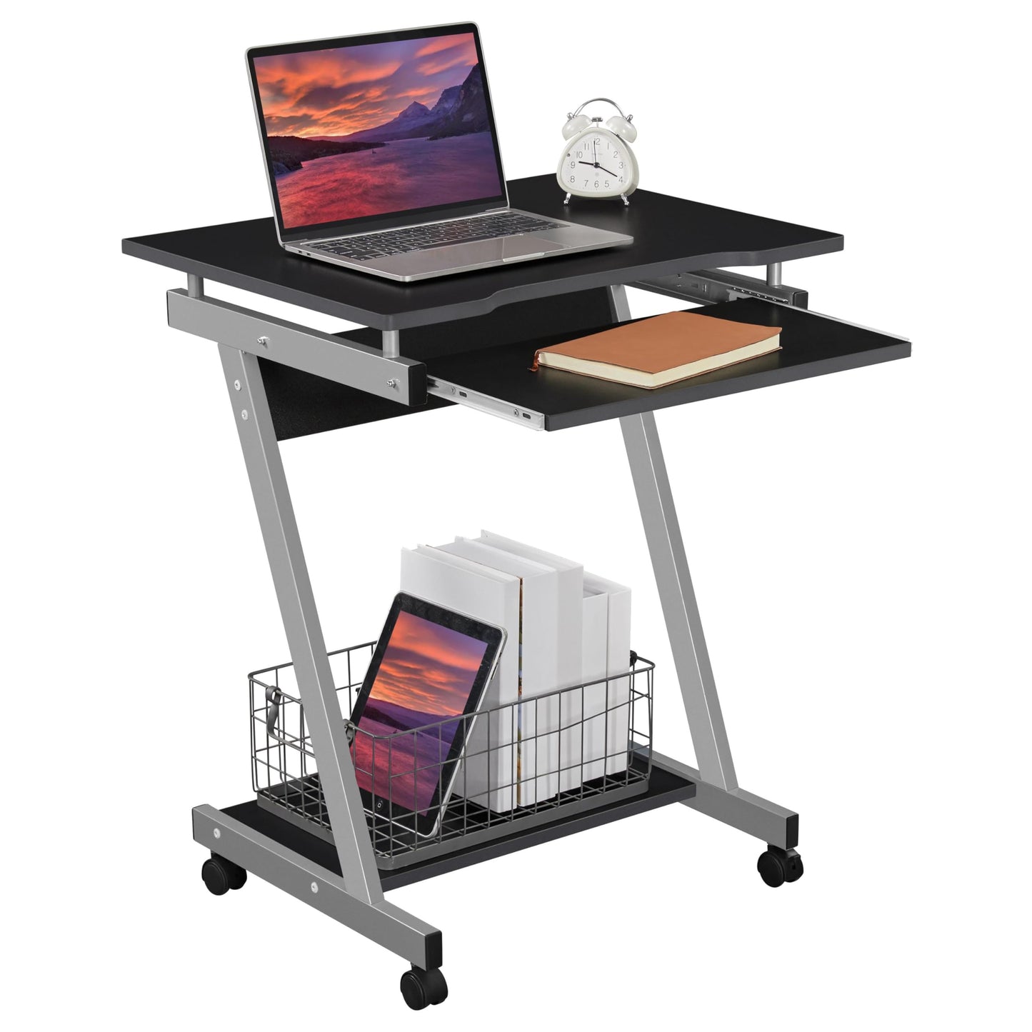 Yaheetech Small Computer Desk Z-Shaped PC Table on Wheels Movable, Black