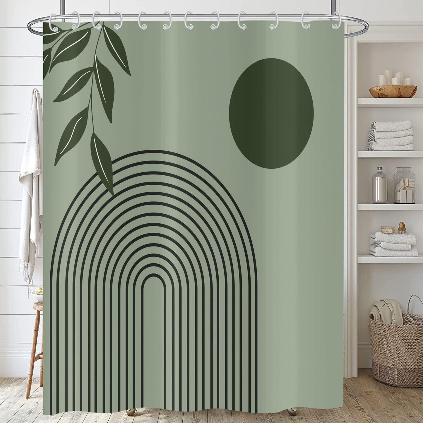 ASDCXZ Boho Shower Curtain 180x180 cm, Modern Abstract Art Green Leaves Sun Line Sage Green Bath Washable Shower Curtains Polyester Textile
