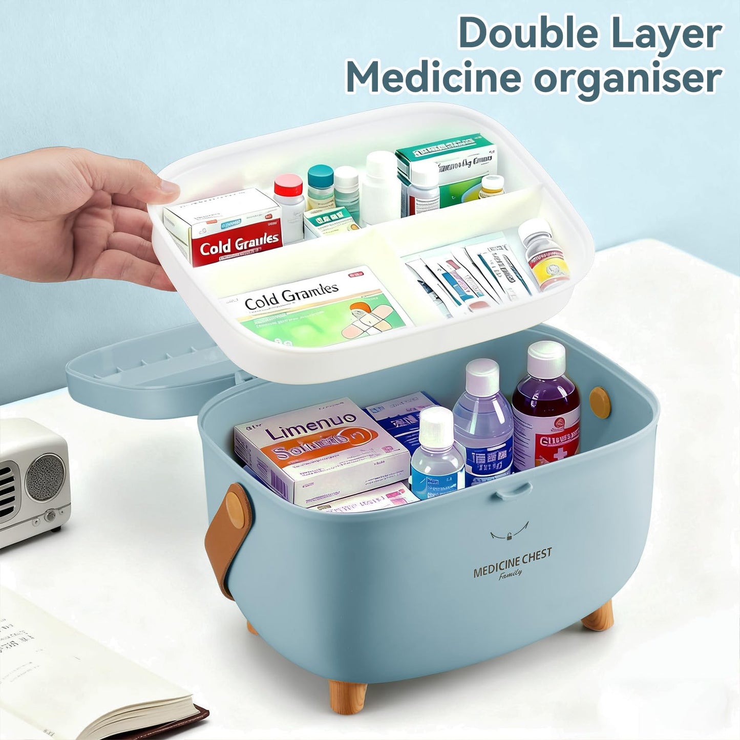 Nymblis Medicine Storage Box, Double Layers Portable Medicine Box, Blue