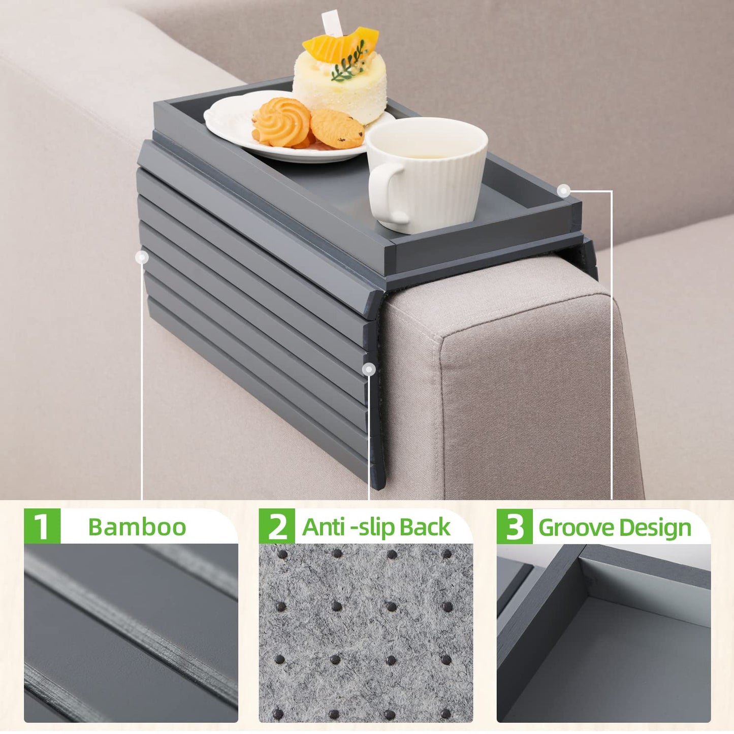 GEHE Bamboo Sofa Arm Tray, Foldable Couch Arm Tray Side Table, Anti-Falling Armrest Tables Cup Holder for Snacks, Drinks, Beers, Phone, Control