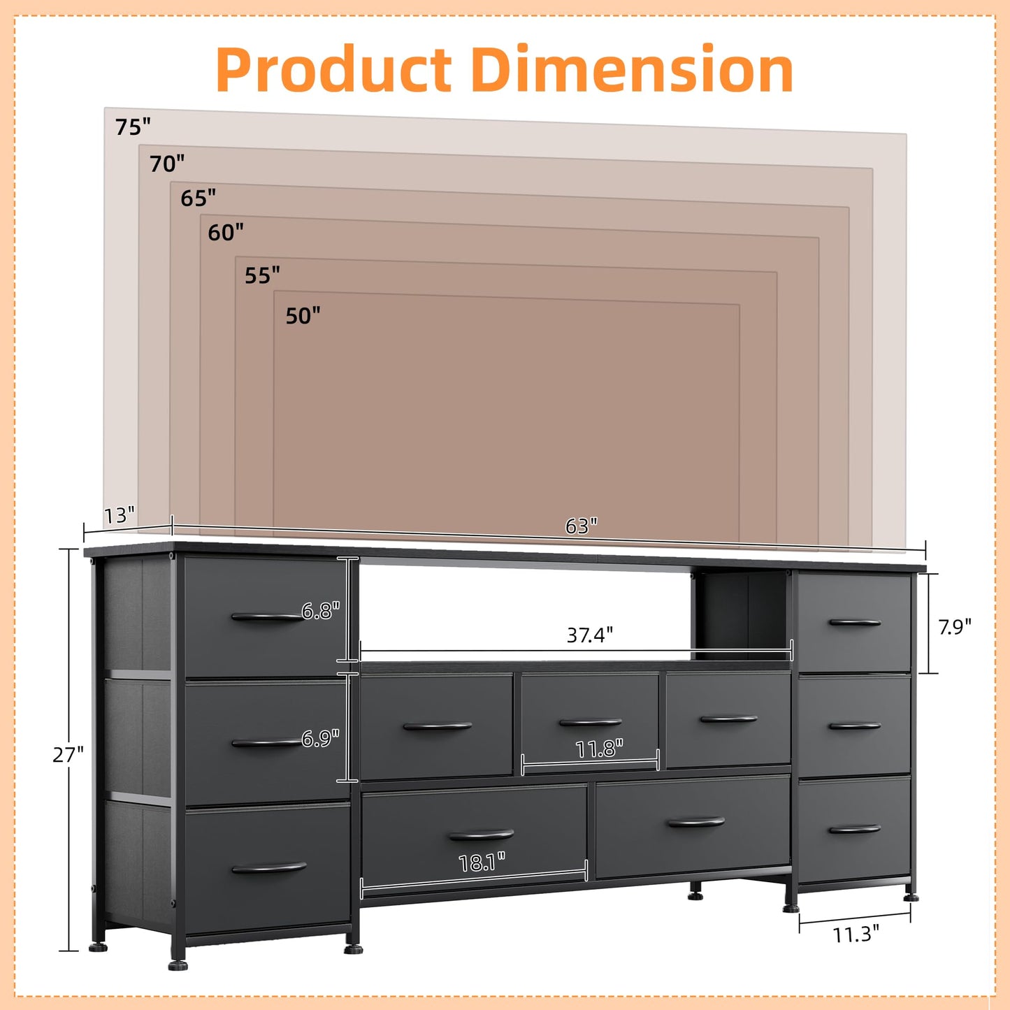 VERMESS 63" Tv Cabinet, Dresser for Bedroom with 11 Fabric Drawers, TV Stand with Power Socket for TVs up to 70", TV Units for Living Room, Bedroom