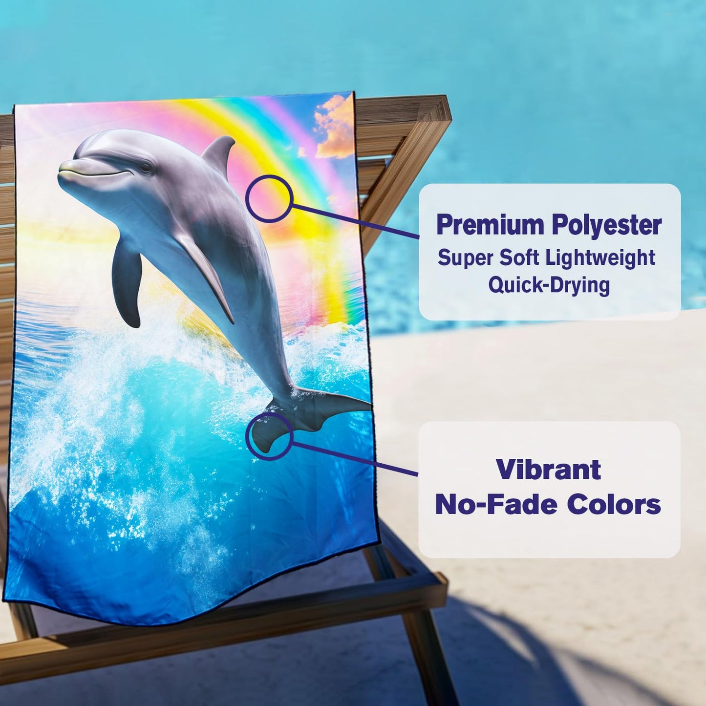 Violetpos Rainbow Dolphin Beach Towel, Extra Large 180x90 cm 250GSM Microfibre, Sand Free Quick Dry