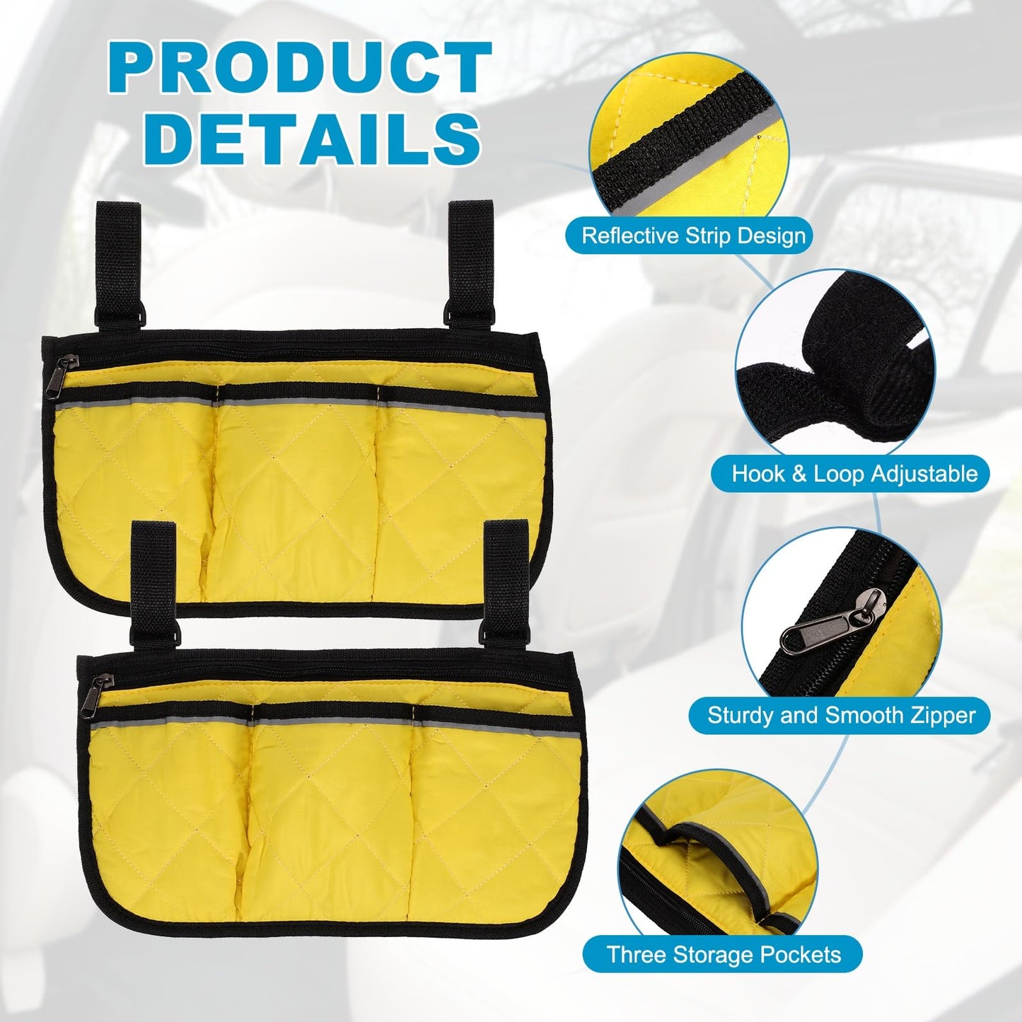 YELARXI Beach Chair Armrest Bag, Beach Side Bag Hanging Storage Organizer with Reflective 4 Pockets Waterproof Pouch 13 x 7" & 2Pcs & Yellow