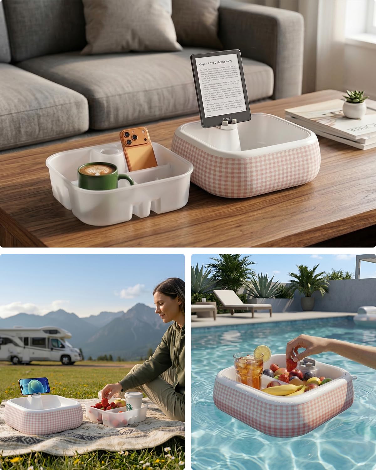 Viozon Couch Cup Holder Tray with Phone Stand, For 4-4.7" Device, Floating Bathtub&Pool Caddy, EPP Foam Sofa Arm Tray