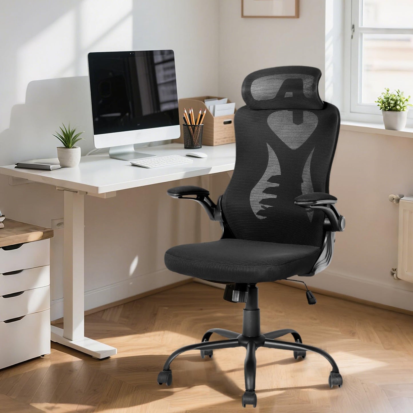 OWAY HOMELIVING Ergonomic Office Chair with Adjustable Lumbar Support & High-Back Mesh Desk Chair 150kg Capacity & 125° Recline & Flip-Up Armrests