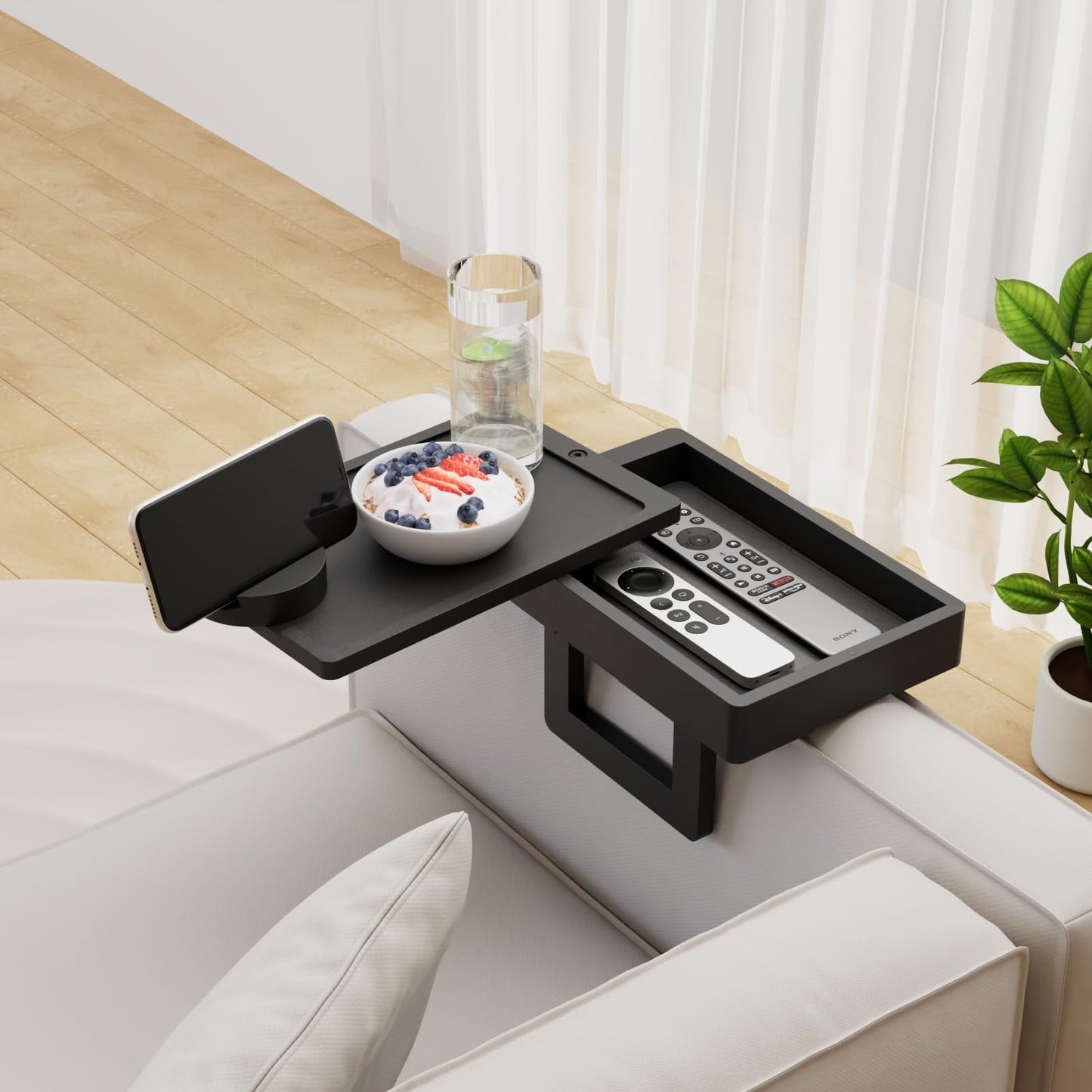 Wealone Mini Black Couch Arm Table for Narrow Armrest, Sofa Arm Tray with Storage Box, Rotating Tabletop and Phone Stand