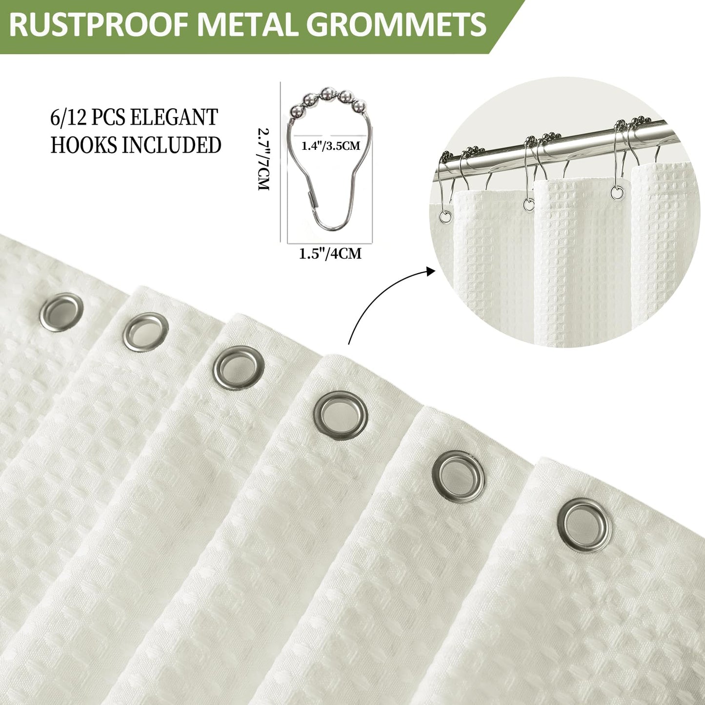 FY&XZH Heavy-Duty Waffle Weave Shower Curtain with Stainless Steel Hooks, Thick Fabric for Bathroom, Hotel, Spa & Salon-183 x 214cm (Beige)