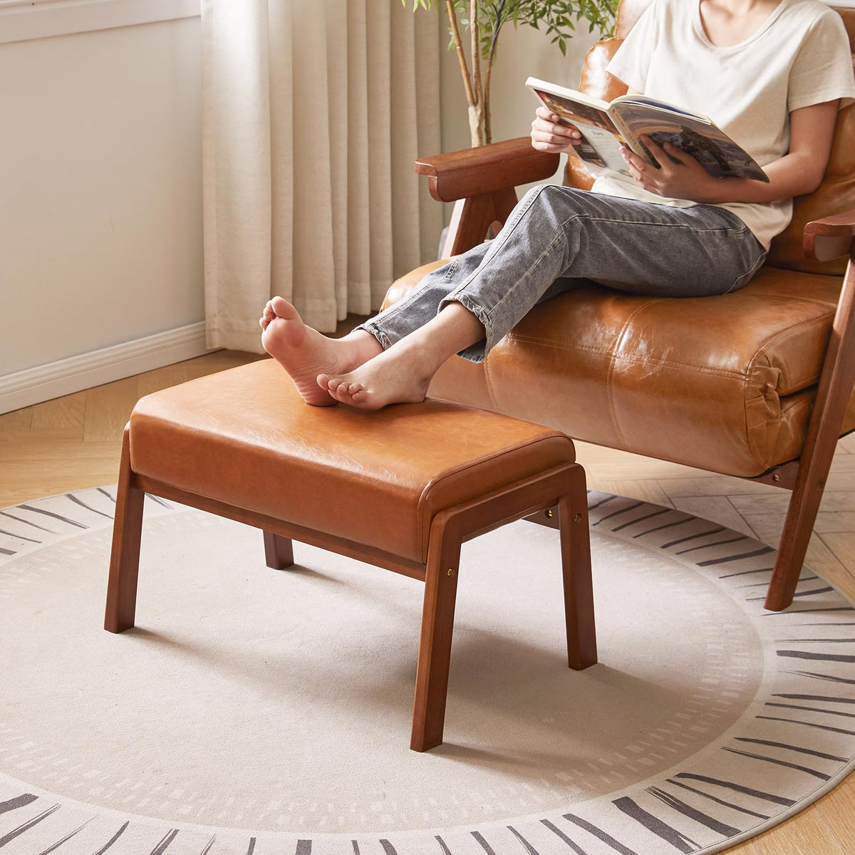 IBUYKE 14.2” H Large Foot Stool Ottoman, Rectangle PU Faux Leather Foot Rest with Padded Seat and Wood Legs
