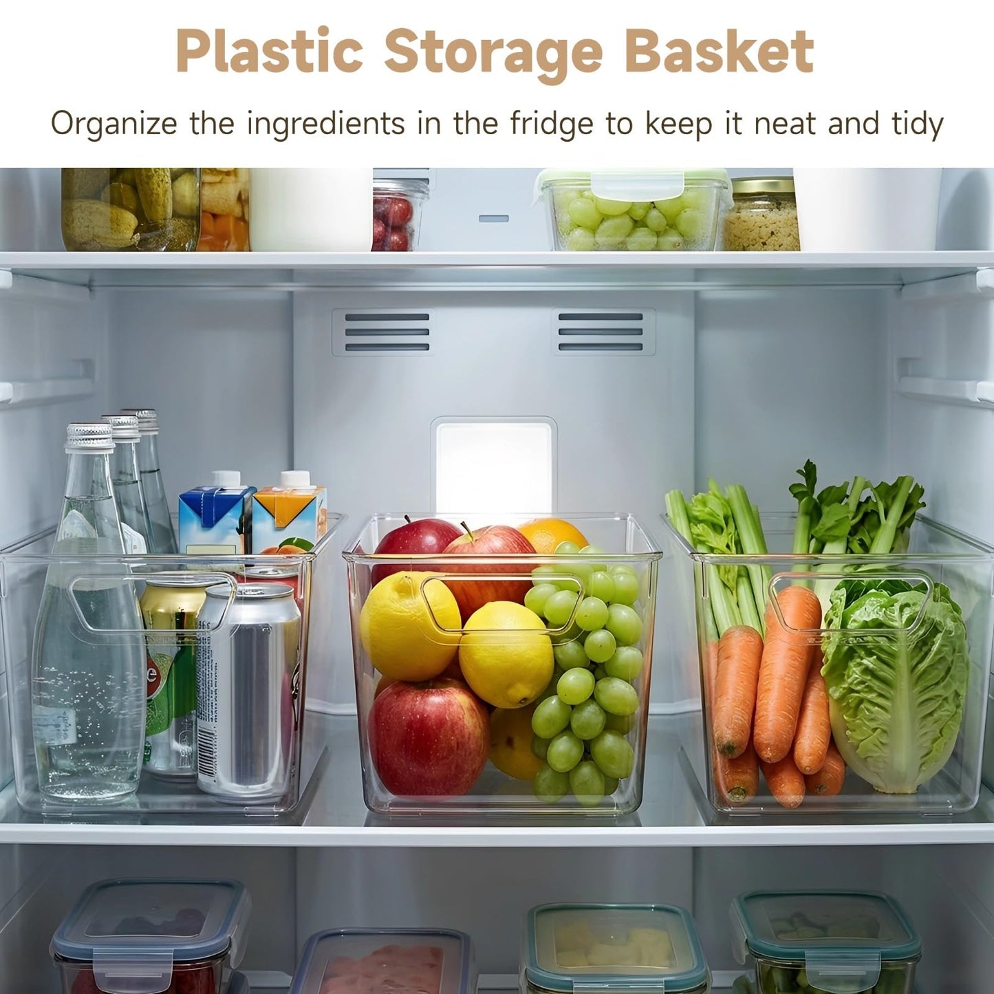 YAGOKKI 6 Pcs Clear Plastic Storage Bins with Handles - Fridge Organiser, Stackable Kitchen Cupboard Organisation for Pantry, Bathroom, Craft Room