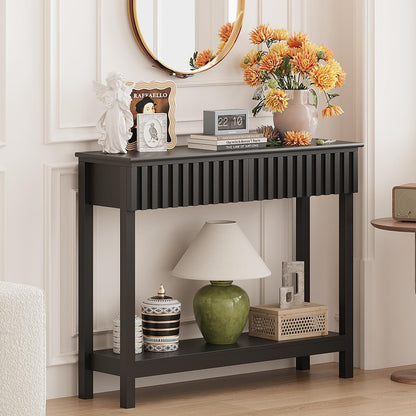 Trironsun Narrow Fluted Console Table with 2 Drawers and Open Shelf Modern Painted Wood Sofa Table for Hallway, Living Room or Behind Couch Black