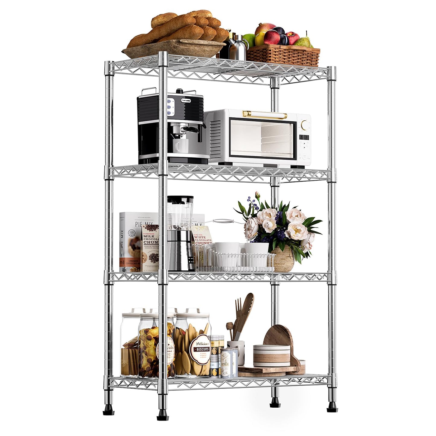 M MZG Height Adjustable Shelves,Heavy Duty Wire Pantry Shelving for Tool Sheds, Garage, and Storehouse,Metal,Chrome 4 tier,35 x 60 x 135.8 cm