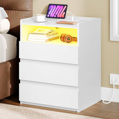AOGLLATI Bedside Cabinet with LED Lights Bedside Table with Charging Station|3 Drawers and 1 Compartment |2 AC and 2 USB Ports Side Table for Living