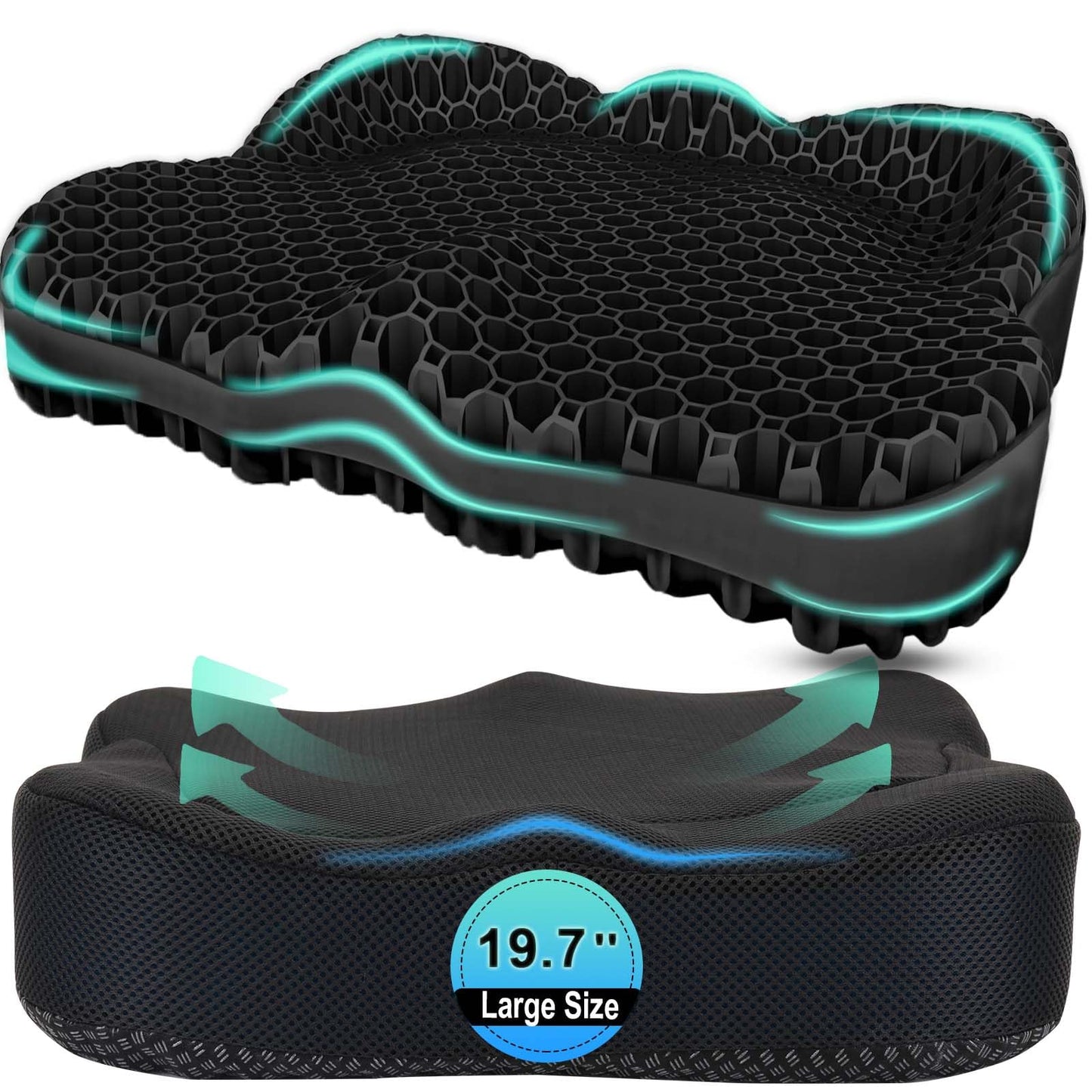 Airllantry Thicken 19.7in Seat Cushion, Gel Seat Cushion for Long Sitting–Office Chair, Wheelchair, Car Pad, Large Cooling Support Pad for Back Pain