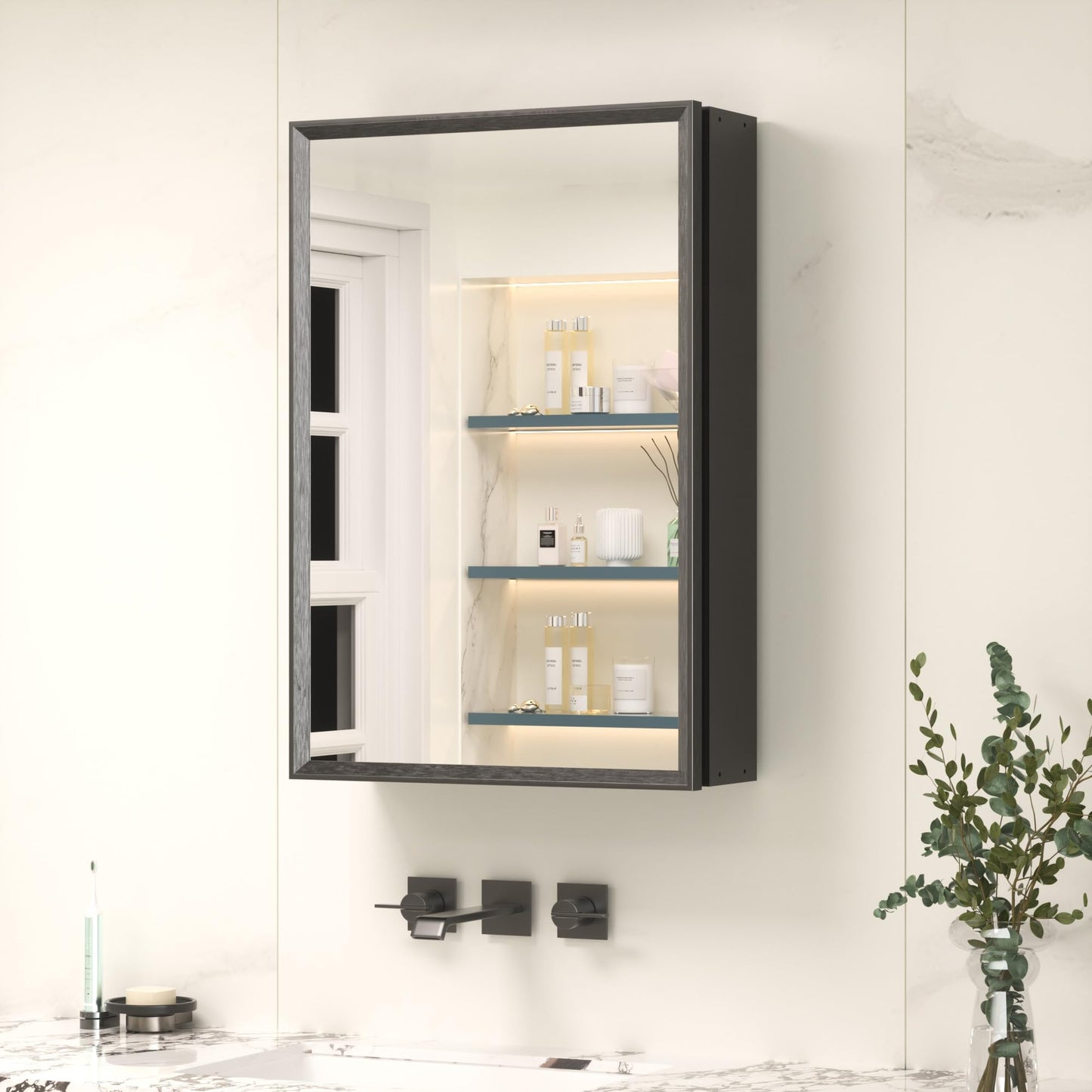 Keonjinn Bathroom Mirror Cabinets 40x60cm, Assembly Required, Black Aluminum Frame Mirrored Bathroom Cabinet Wall Mounted with Storage