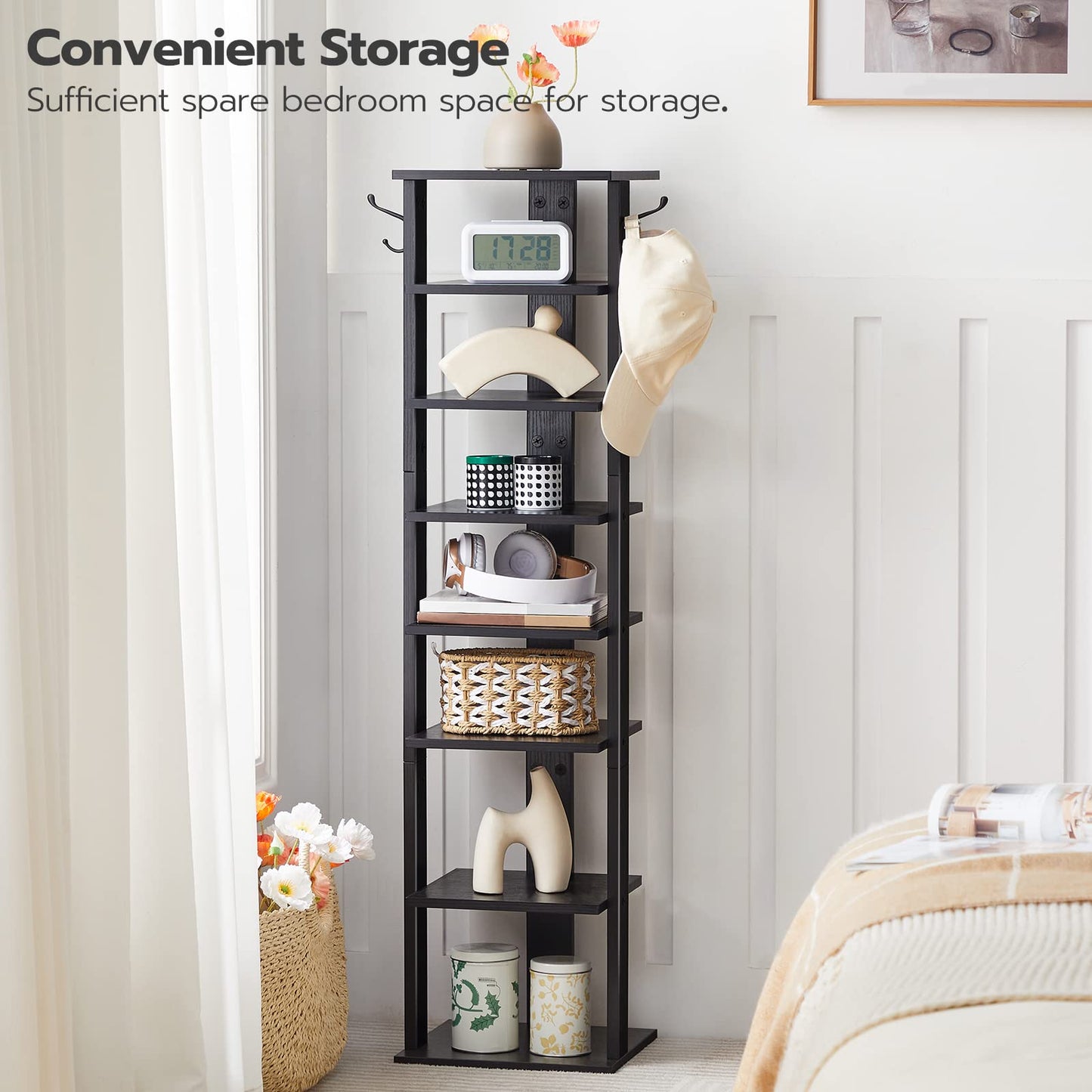 HOOBRO Tall Shoe Rack Wooden, Narrow Shoe Storage Organizer with 2 Hooks, Slim Shoe Shelf, Vertical Shoe Tower for Entrance, Living Room, Hallway
