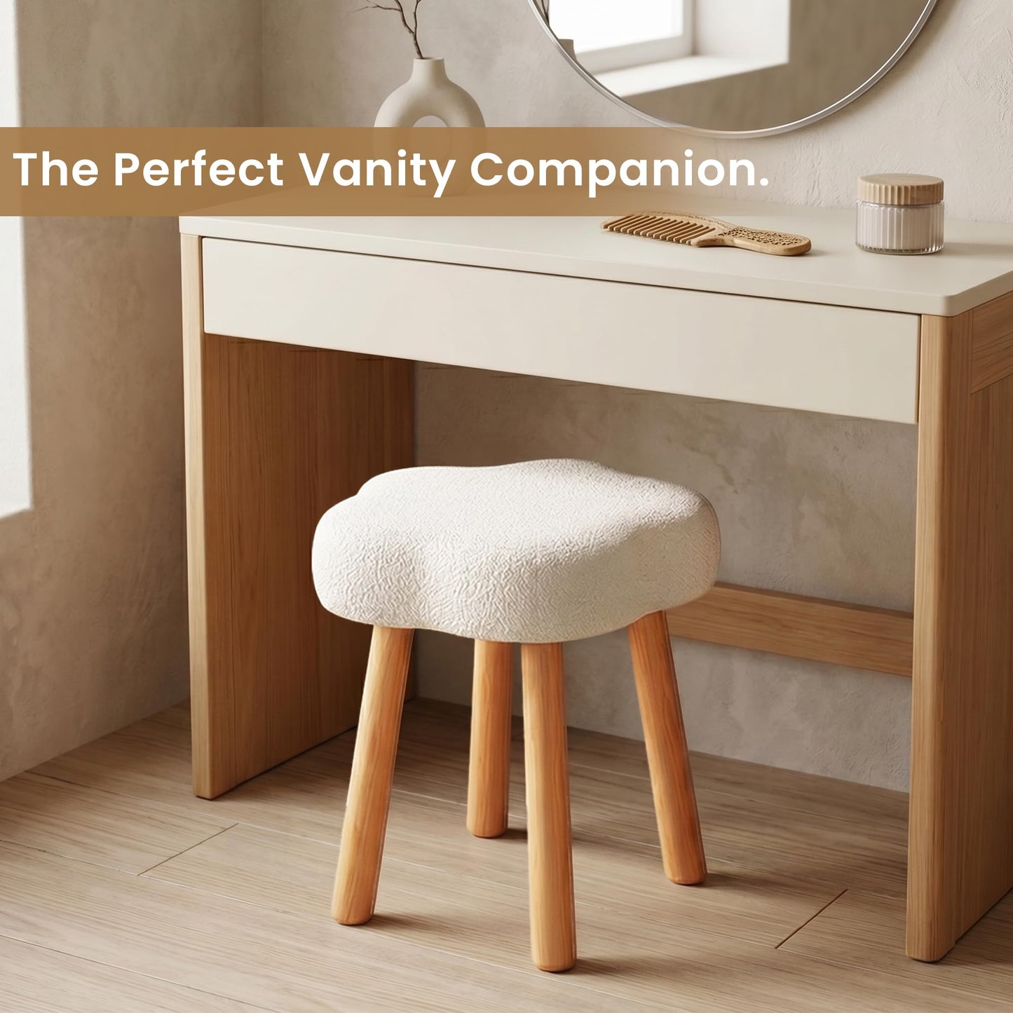 Cmishe Cloud Vanity Stool with Solid Beech Wood Legs, 20" Height Boucle Makeup Chair for Bedroom, Flower Shaped Upholstered Ottoman