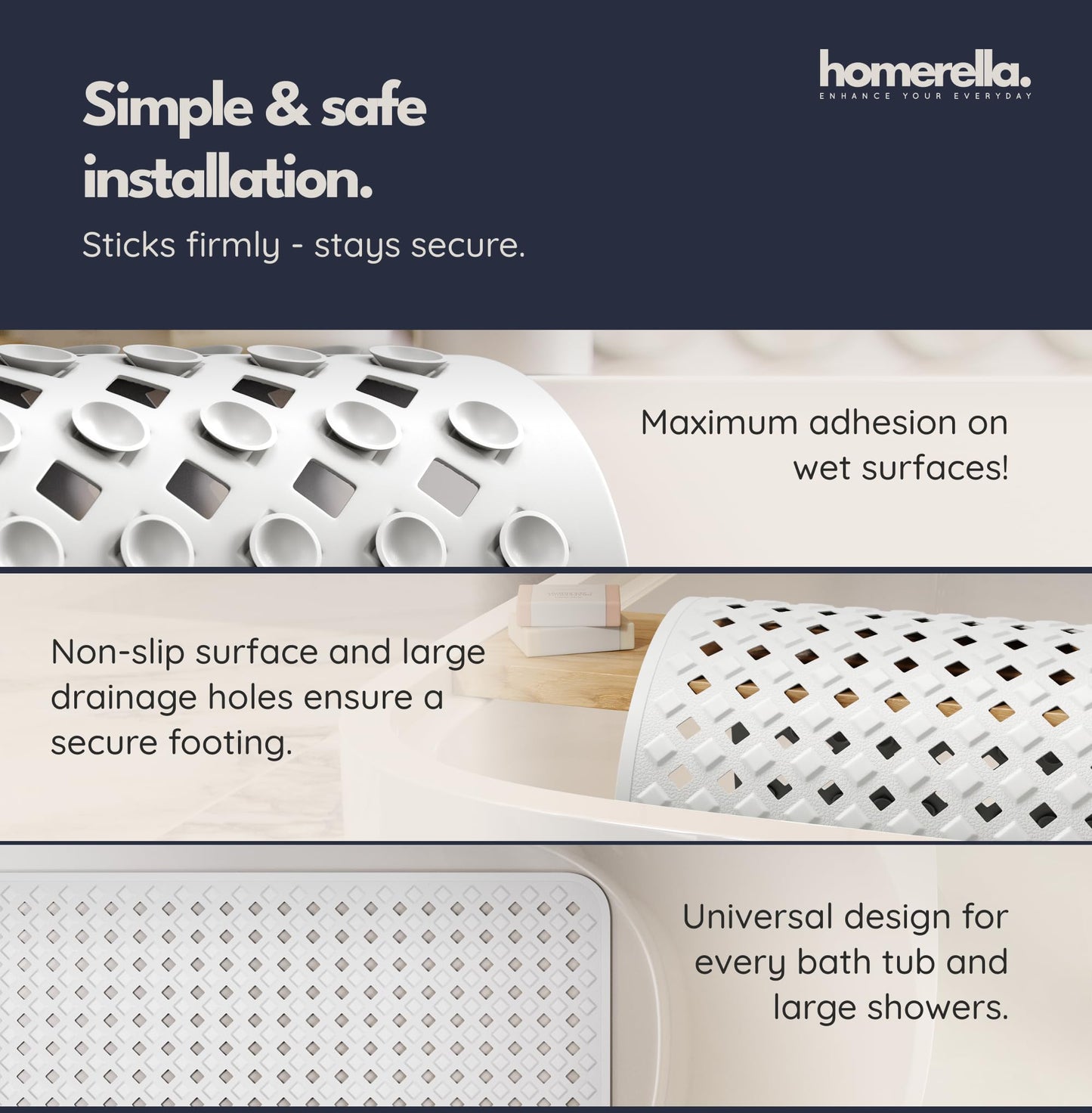 homerella Bath Mat Non Slip Anti Mould 88x39cm Shower Mat Non Slip Bath Mat