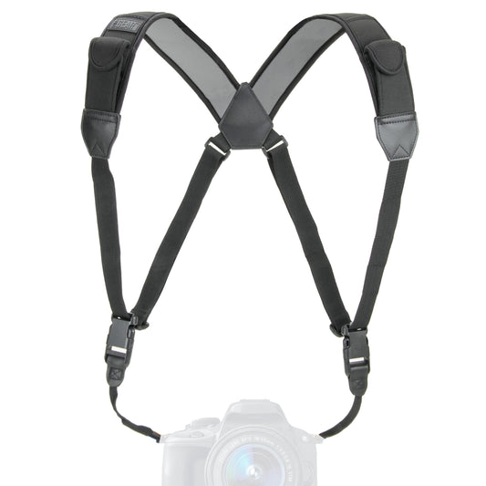 USA Gear DSLR Camera Strap Chest Harness with Quick Release Buckles, Black Neoprene Pattern and Accessory Pockets - Compatible with Canon, Nikon, Sony