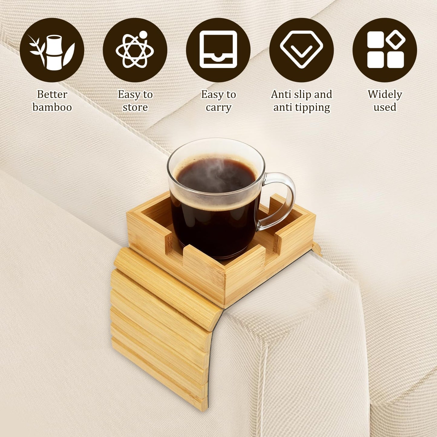 2Pack Sofa Arm Tray, Foldable Couch Cup Holder Bamboo Armrest Tray, Sofa Armrest Organiser for Drinks, Snack, and Remote