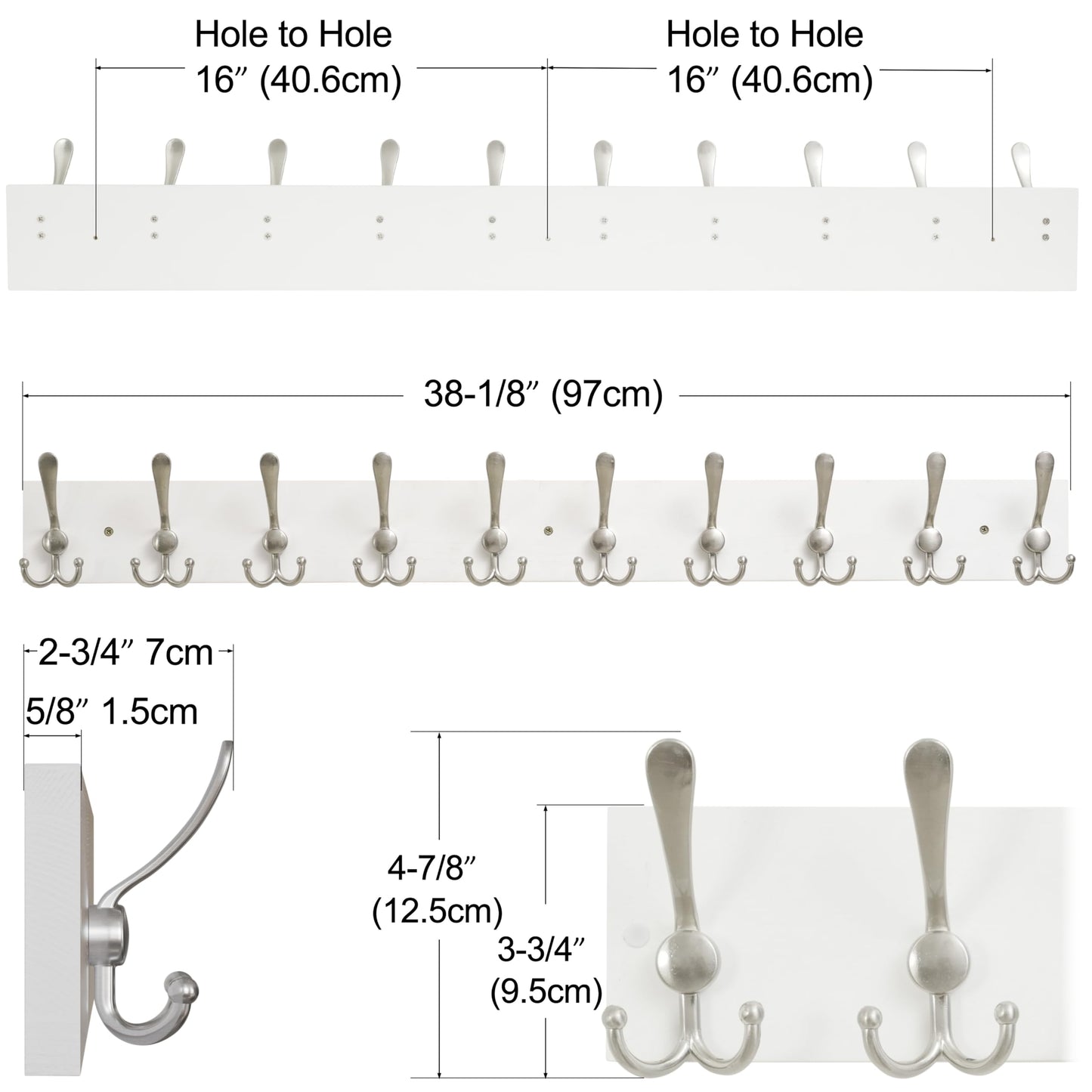 SKOLOO Creations White Solid Wood Wall Mounted Coat Rack, 10 Hooks, 38-1/8" Long - Kitchen, Mudroom, Entryway, Bathroom - Includes Mounting Hardware