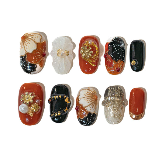 Sun&Beam Nails Handmade Press-on Short Round Red Black Gold Flower 3D Hand-Painted Design Fashion False Nail Tips 10 Pcs Set (#216 XS)